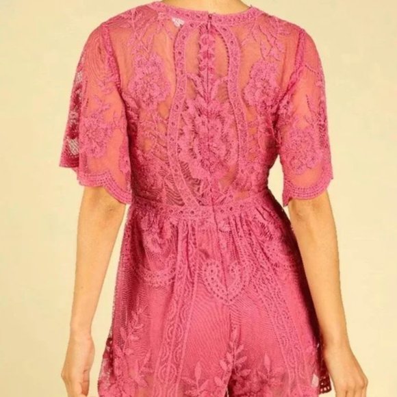 Honey Punch As You Wish Embroidered Lace Romper in Raspberry M - Picture 2 of 4